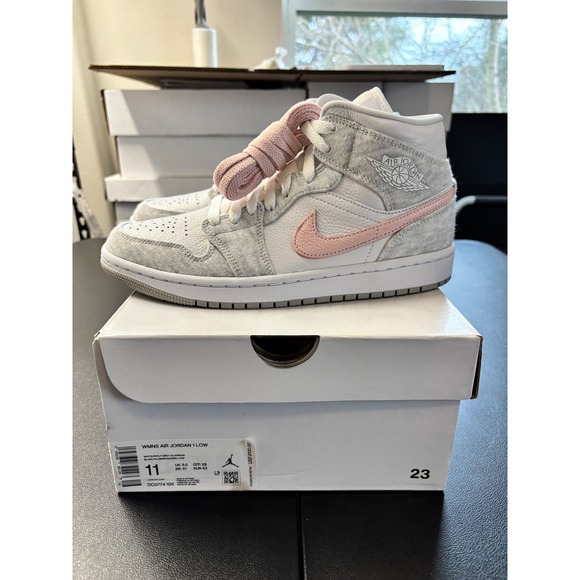 Jordan Shoes - Womens Air Jordan 1 Mid Smoke Grey With Pink Laces Size 8.5W